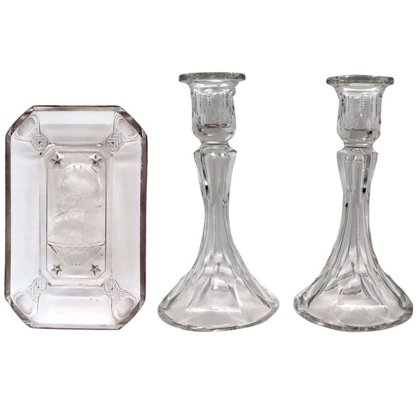 Lot 0412  | American Adams & Co. Pressed Glass Maud Granger Opera Pattern Relish Dish and Candlesticks (3)