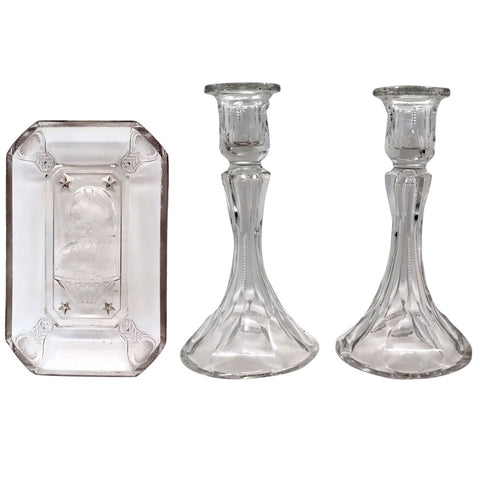 Lot 0412  | American Adams & Co. Pressed Glass Maud Granger Opera Pattern Relish Dish and Candlesticks (3)