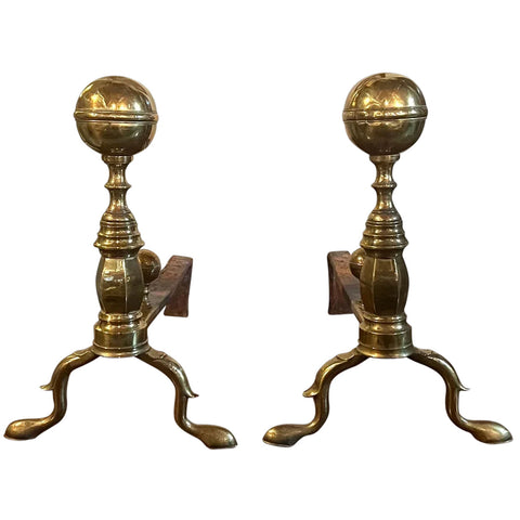 Pair of American Chippendale Style Brass and Iron Ball-Top Fireplace Andirons