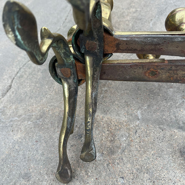 Pair of American Chippendale Style Brass and Iron Ball-Top Fireplace Andirons