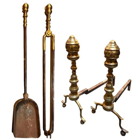 American Federal Brass and Iron Fireplace Andirons, Tongs and Shovel (4 Pieces)