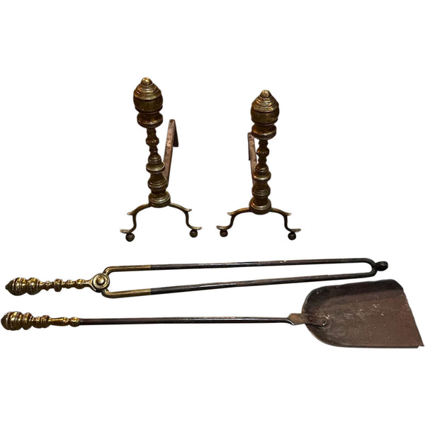 American Federal Brass and Iron Fireplace Andirons, Tongs and Shovel (4 Pieces)