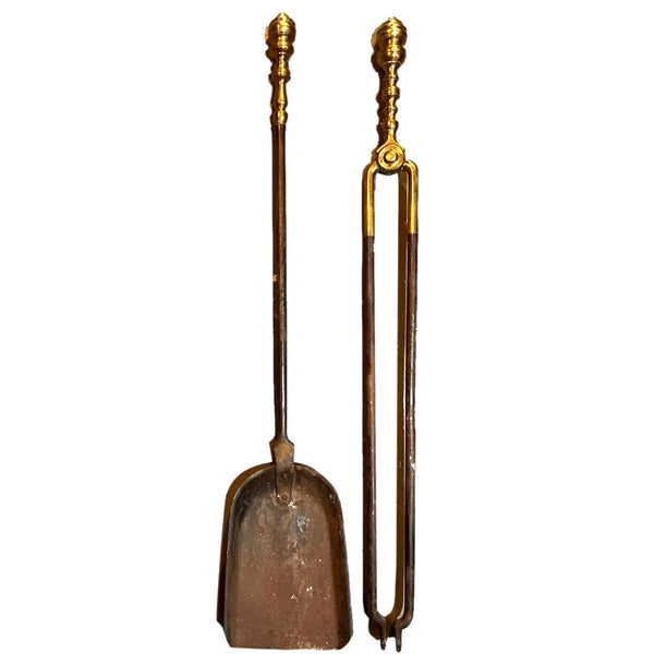 American Federal Brass and Iron Fireplace Andirons, Tongs and Shovel (4 Pieces)