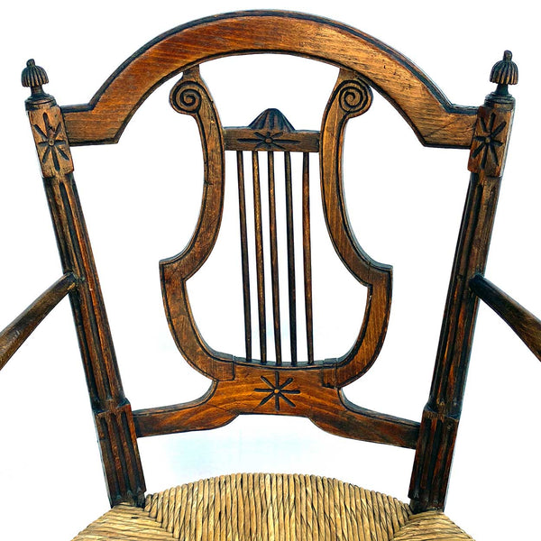 Pair French Provincial Louis XVI Style Oak Rush Seat Lyre-Back Armchairs