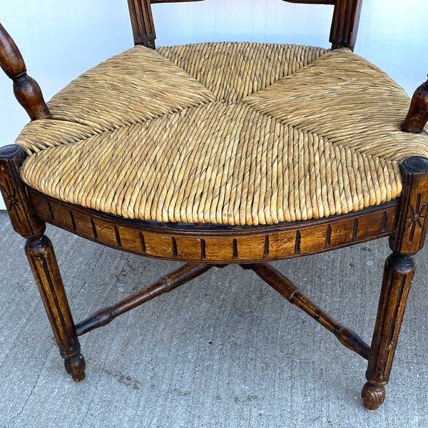 Pair French Provincial Louis XVI Style Oak Rush Seat Lyre-Back Armchairs