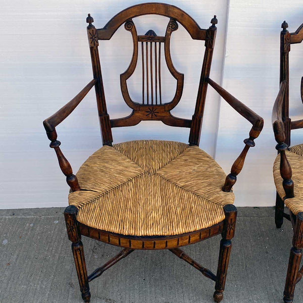 Pair French Provincial Louis XVI Style Oak Rush Seat Lyre-Back Armchairs