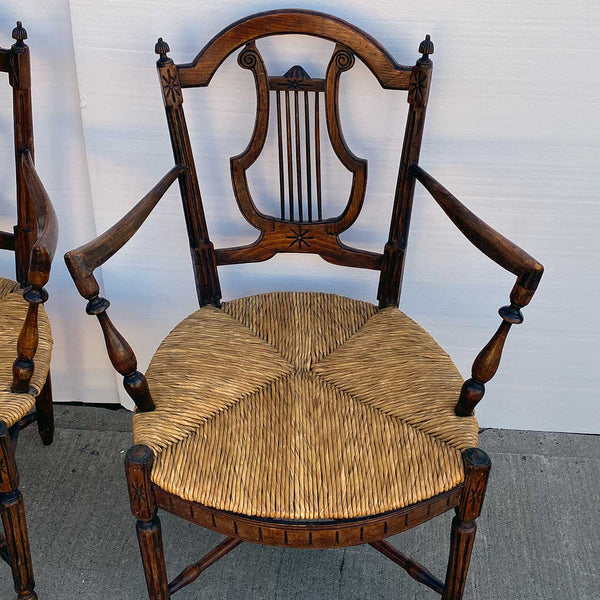 Pair French Provincial Louis XVI Style Oak Rush Seat Lyre-Back Armchairs