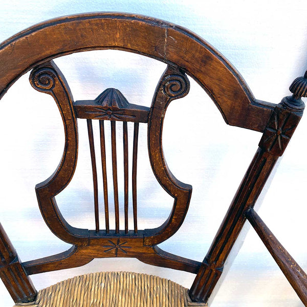 Pair French Provincial Louis XVI Style Oak Rush Seat Lyre-Back Armchairs