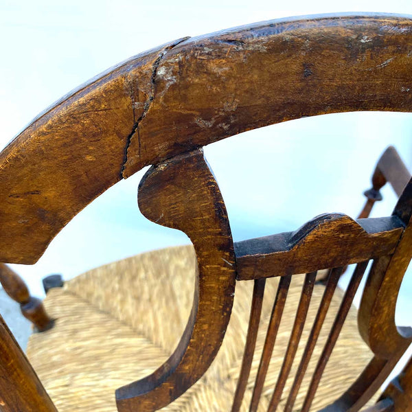 Pair French Provincial Louis XVI Style Oak Rush Seat Lyre-Back Armchairs