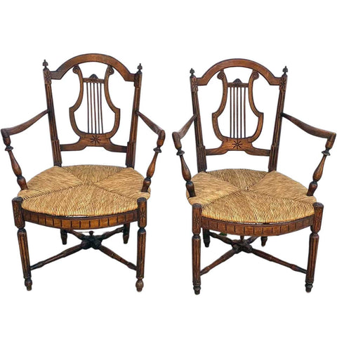 Pair French Provincial Louis XVI Style Oak Rush Seat Lyre-Back Armchairs