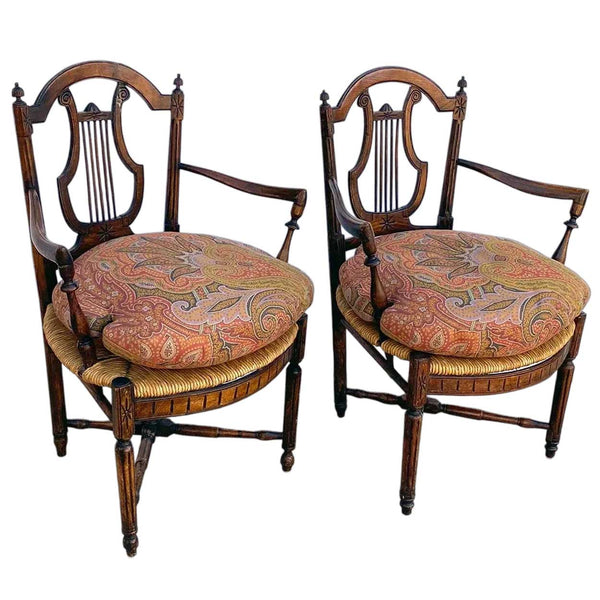 Pair French Provincial Louis XVI Style Oak Rush Seat Lyre-Back Armchairs