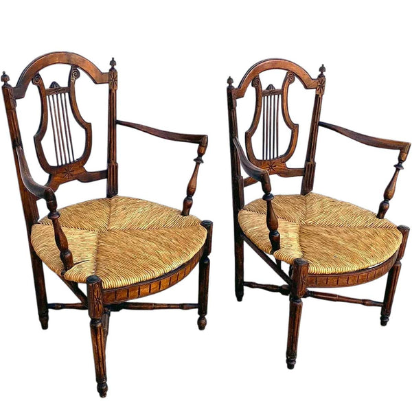 Pair French Provincial Louis XVI Style Oak Rush Seat Lyre-Back Armchairs