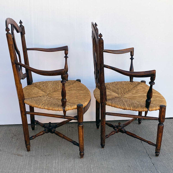 Pair French Provincial Louis XVI Style Oak Rush Seat Lyre-Back Armchairs