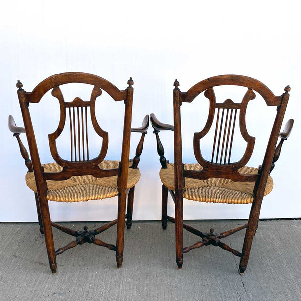 Pair French Provincial Louis XVI Style Oak Rush Seat Lyre-Back Armchairs