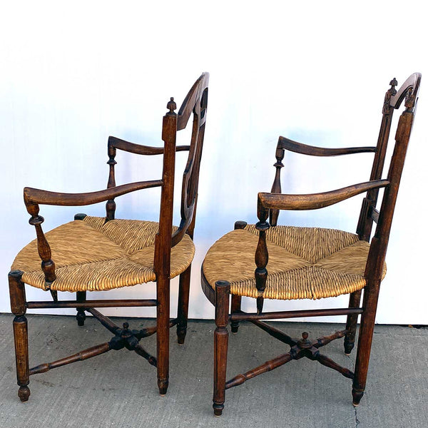 Pair French Provincial Louis XVI Style Oak Rush Seat Lyre-Back Armchairs