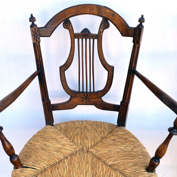 Pair French Provincial Louis XVI Style Oak Rush Seat Lyre-Back Armchairs