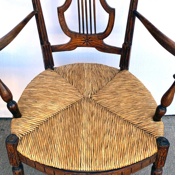Pair French Provincial Louis XVI Style Oak Rush Seat Lyre-Back Armchairs