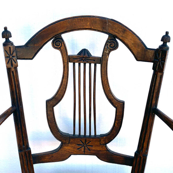 Pair French Provincial Louis XVI Style Oak Rush Seat Lyre-Back Armchairs
