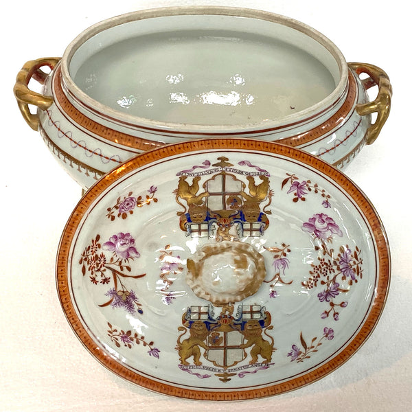 Rare Chinese Export East India Co. Famille Rose Porcelain Armorial Tureen