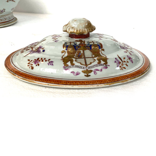 Rare Chinese Export East India Co. Famille Rose Porcelain Armorial Tureen