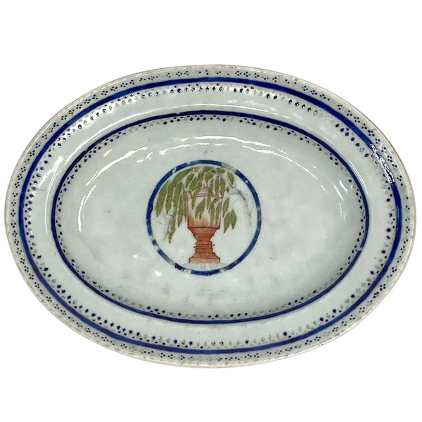 Small Chinese Export Qing Porcelain Willow Tree Urn Oval Serving Platter