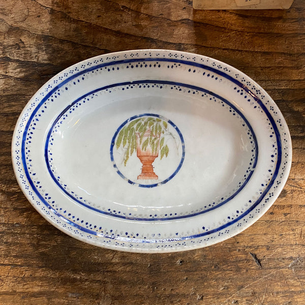 Small Chinese Export Qing Porcelain Willow Tree Urn Oval Serving Platter