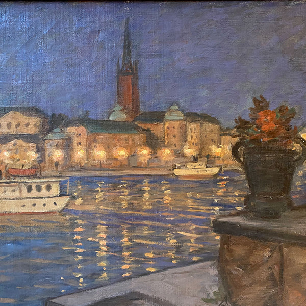GUNNAR EMIL WEINBERG Oil on Canvas Painting, Copenhagen Harbor at Night