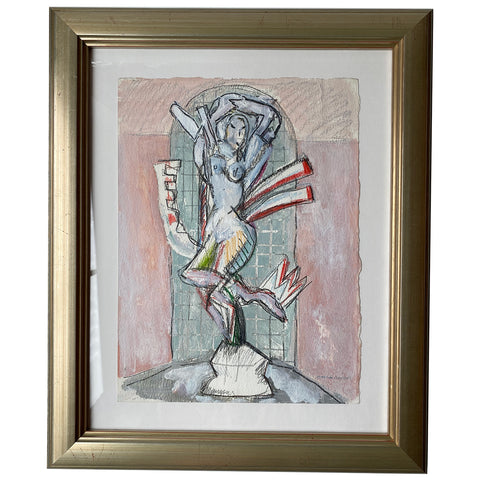 MARTHA DANIELS Mixed Media Watercolor, Pencil, Gouache Drawing, Statue