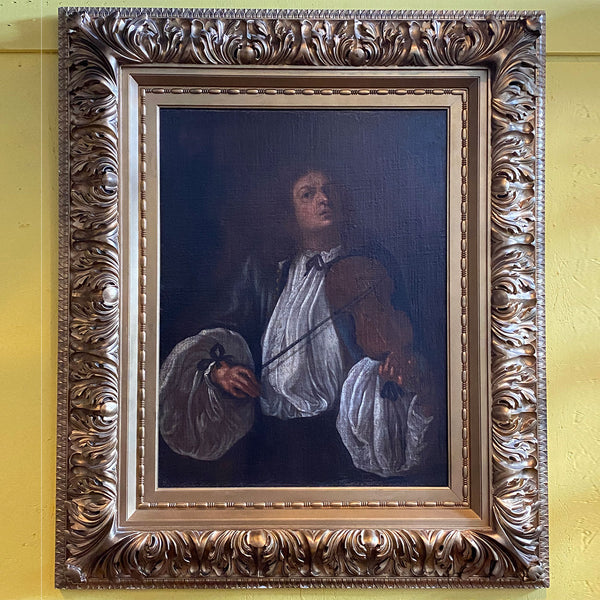 German School Oil on Canvas Painting, Allegory of Hearing, after Johann Heinrich Schönfeld