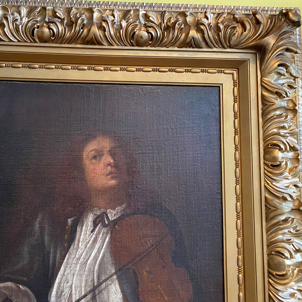 German School Oil on Canvas Painting, Allegory of Hearing, after Johann Heinrich Schönfeld