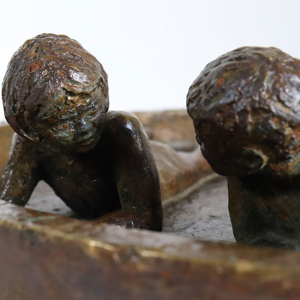 American Cast Bronze Sculpture, Two Children in a Wading Pool, Signed SB
