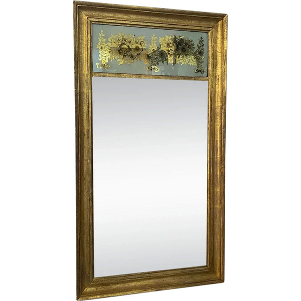 American Federal Gilt Pine and Floral Eglomise Pier Wall Mirror