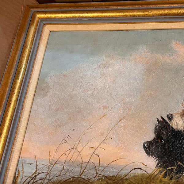 WILLIAM W. WARREN Oil Painting on Canvas, Terrier Dogs on a Sandy Dune