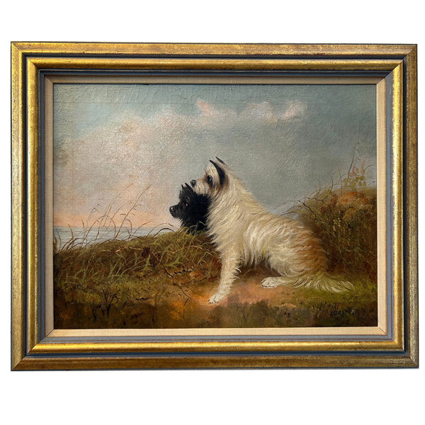 WILLIAM W. WARREN Oil Painting on Canvas, Two Terriers on a Sandy Dune