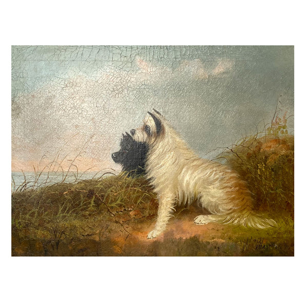 WILLIAM W. WARREN Oil Painting on Canvas, Two Terriers on a Sandy Dune