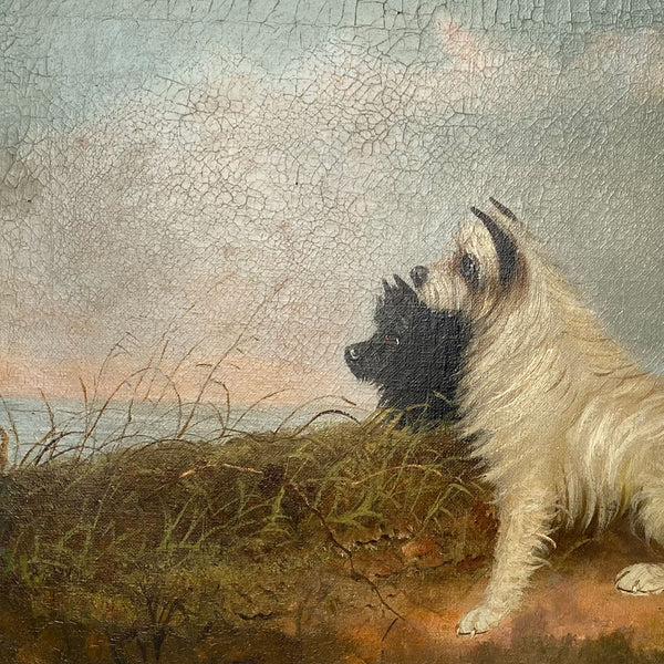 WILLIAM W. WARREN Oil Painting on Canvas, Two Terriers on a Sandy Dune