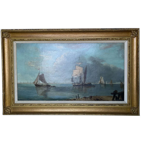 English School W. TAYLOR Oil on Canvas Painting, Ships in the Harbor