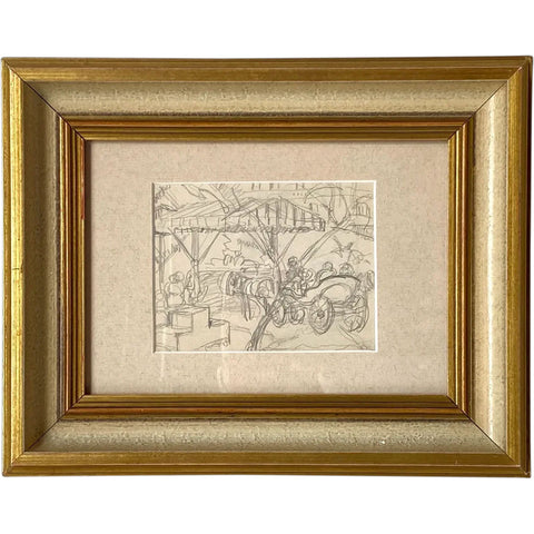 American School Pencil Sketch Drawing on Paper, Carriage Scene