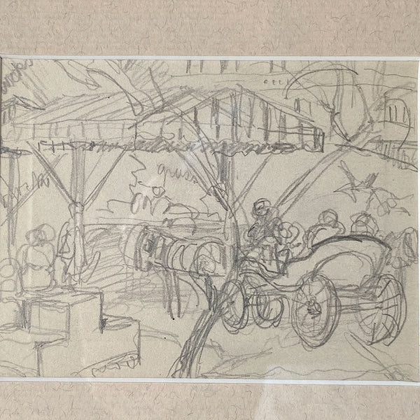 American School Pencil Sketch Drawing on Paper, Carriage Scene