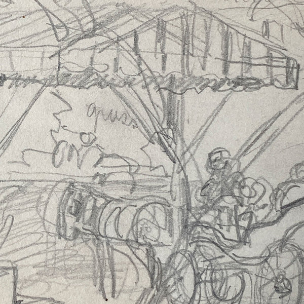 American School Pencil Sketch Drawing on Paper, Carriage Scene