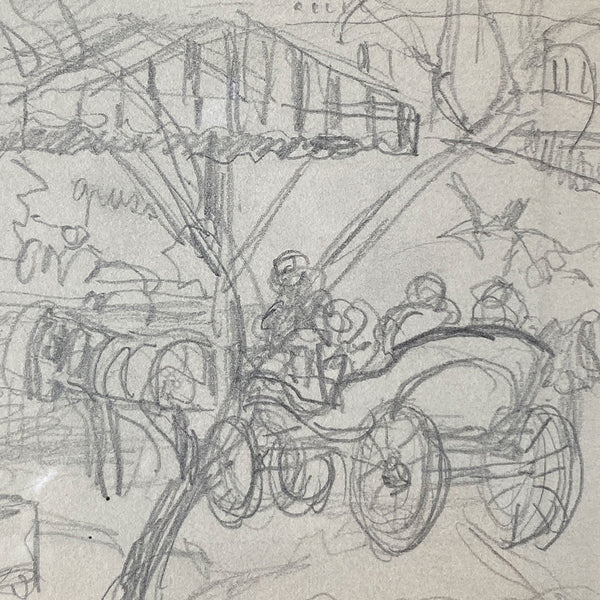 American School Pencil Sketch Drawing on Paper, Carriage Scene
