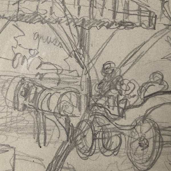 American School Pencil Sketch Drawing on Paper, Carriage Scene