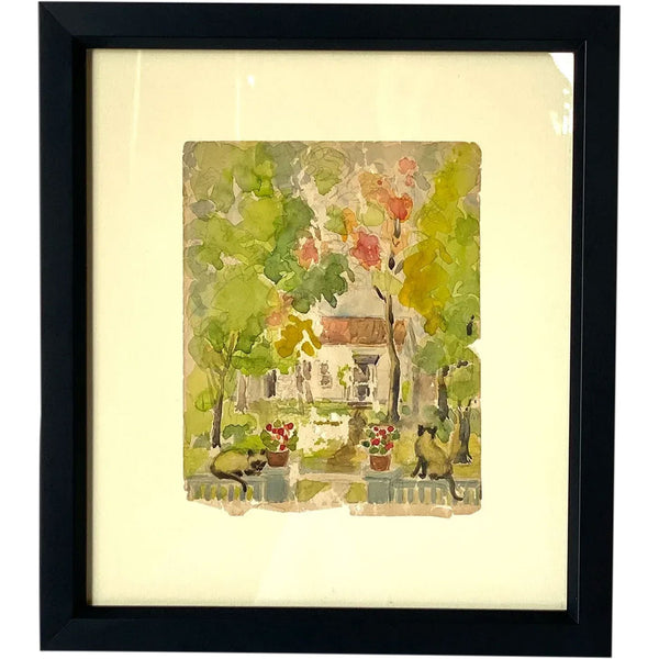 American School Watercolor and Pencil Drawing, Cottage Garden with Cats