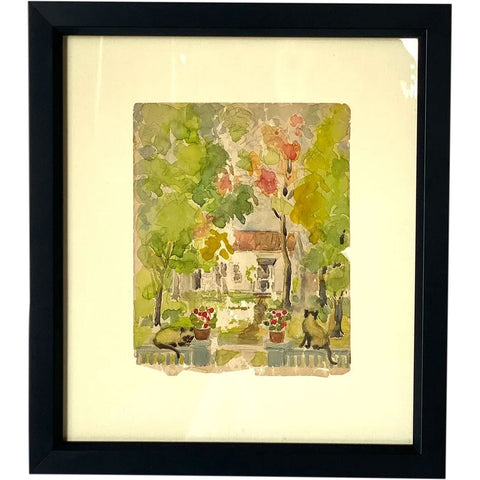 American School Watercolor and Pencil Drawing, Cottage Garden with Cats