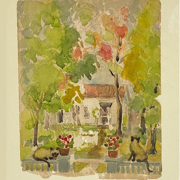 American School Watercolor and Pencil Drawing, Cottage Garden with Cats