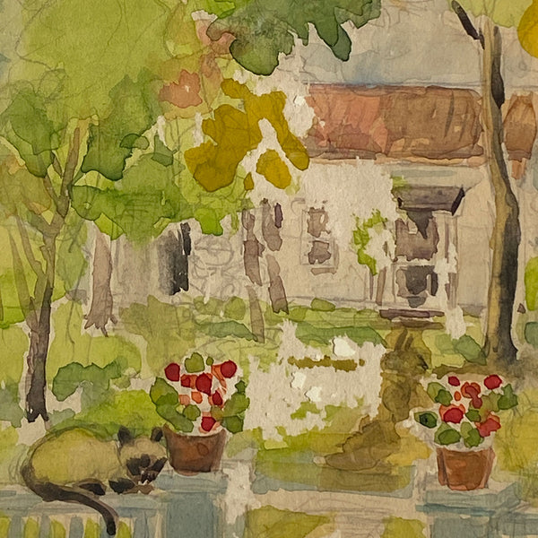 American School Watercolor and Pencil Drawing, Cottage Garden with Cats