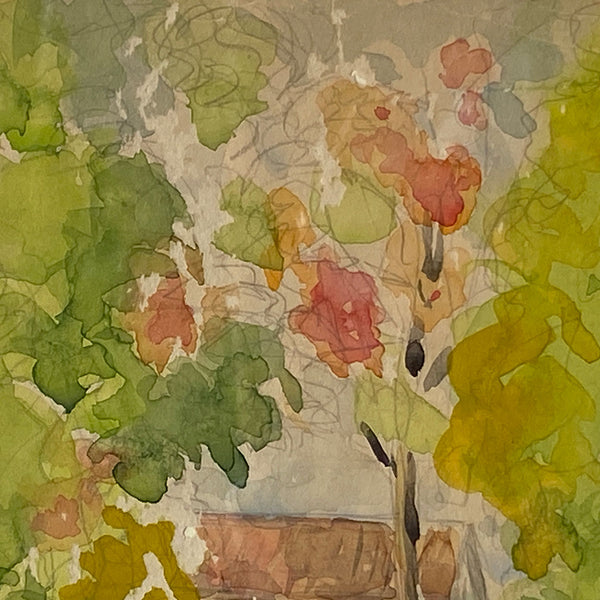American School Watercolor and Pencil Drawing, Cottage Garden with Cats
