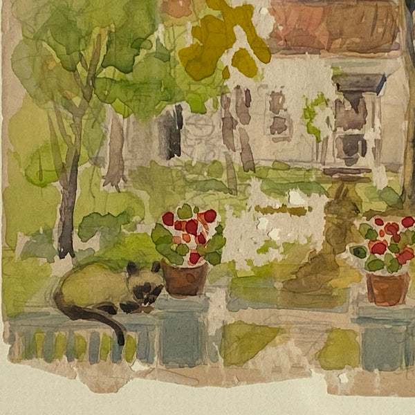 American School Watercolor and Pencil Drawing, Cottage Garden with Cats