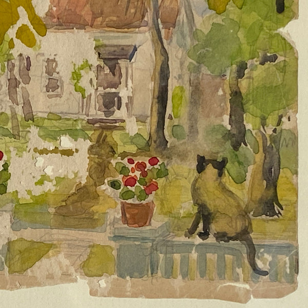 American School Watercolor and Pencil Drawing, Cottage Garden with Cats