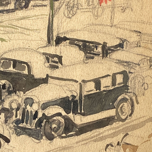 American School Watercolor Drawing, Snow Covered Cars Cityscape